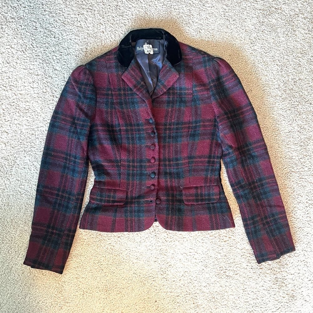 Ralph Lauren Plaid Jacket Blazer w/ Crushed Velvet Collar